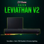 Razer Leviathan V2 featuring a slim black soundbar and a separate subwoofer, designed for gaming desktops.