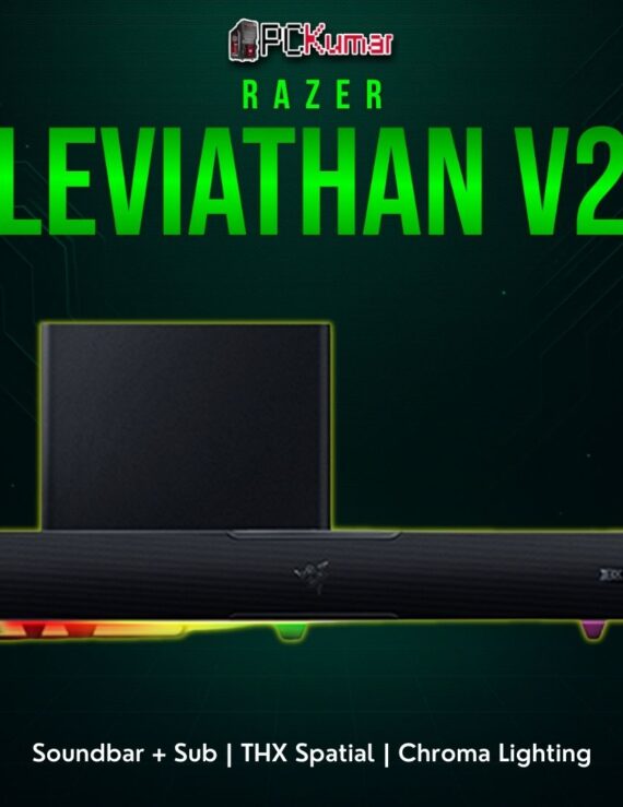 Razer Leviathan V2 featuring a slim black soundbar and a separate subwoofer, designed for gaming desktops.