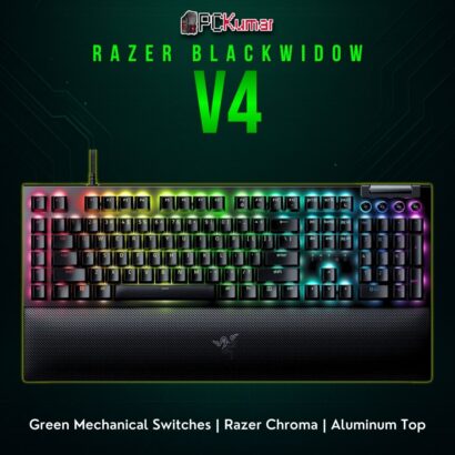 Razer BlackWidow V4 (Green Switch) with a full standard key array, side media or macro keys, and robust construction.