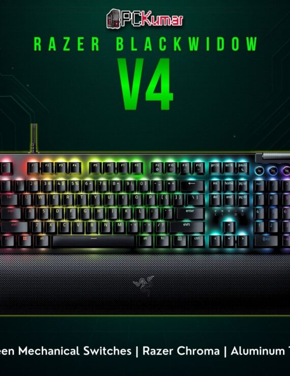 Razer BlackWidow V4 (Green Switch) with a full standard key array, side media or macro keys, and robust construction.