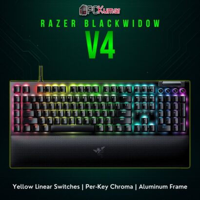 Razer BlackWidow V4 keyboard with silent linear switches and multi-zone RGB lighting set against a black metal chassis.