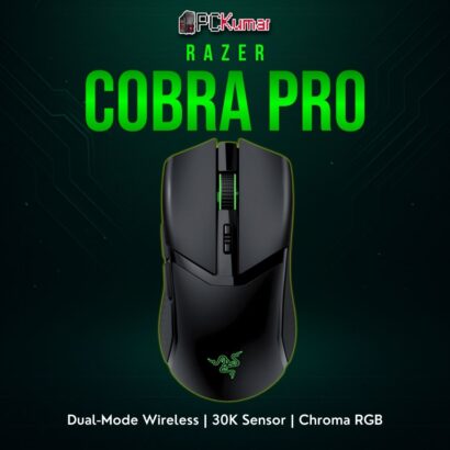Razer Cobra Pro mouse with symmetrical shape and bright perimeter lighting, delivering advanced sensor performance wirelessly.