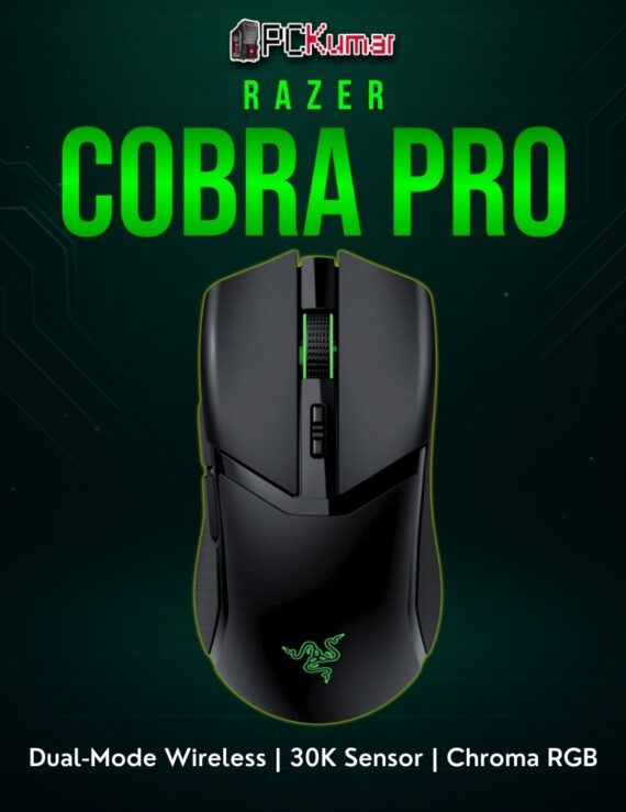Razer Cobra Pro mouse with symmetrical shape and bright perimeter lighting, delivering advanced sensor performance wirelessly.