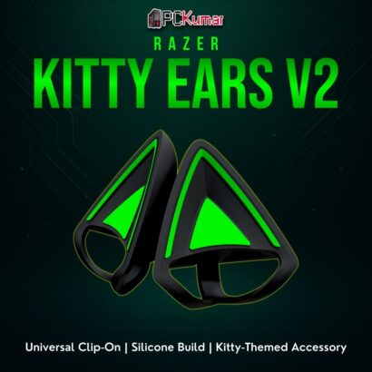 Razer Kitty Ears V2 in pastel color, easily attachable to a headphone headband for a cat-ear transformation.