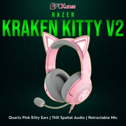 Razer Kraken Kitty V2 Quartz featuring bright pink cat ears, robust ear cushions, and Chroma lighting on each cup.