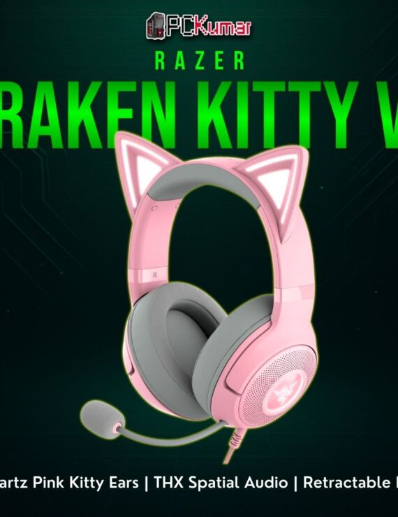 Razer Kraken Kitty V2 Quartz featuring bright pink cat ears, robust ear cushions, and Chroma lighting on each cup.