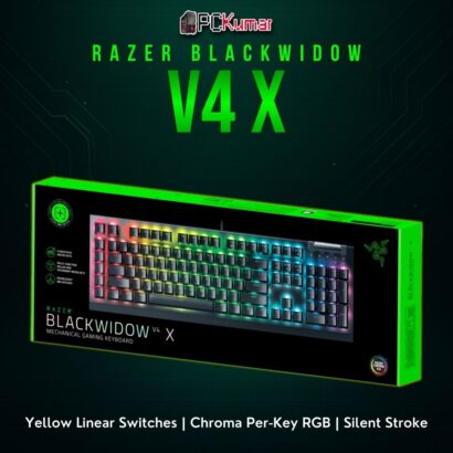 Razer BlackWidow V4 X with a black metal frame and linear yellow switches offering minimal noise and smooth keystrokes.