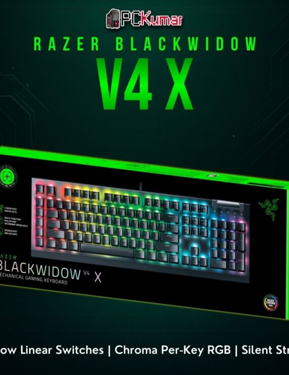 Razer BlackWidow V4 X with a black metal frame and linear yellow switches offering minimal noise and smooth keystrokes.