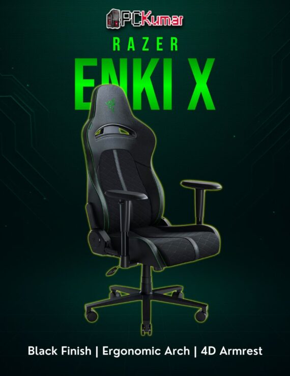 Razer Enki X black gaming chair with simplified features, wide seat base, and a mid-level price point for mainstream users.