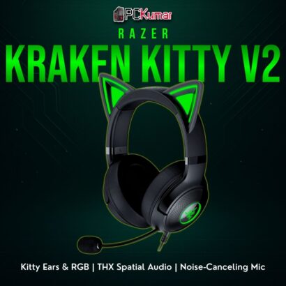 Razer Kraken Kitty V2 in black, equipped with adjustable cat ears and vibrant Chroma lighting for an adorable streaming flair.