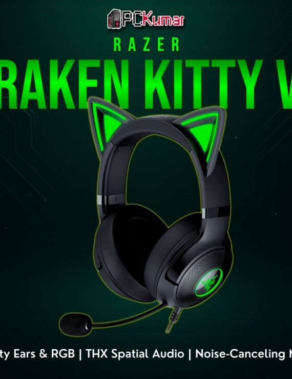 Razer Kraken Kitty V2 in black, equipped with adjustable cat ears and vibrant Chroma lighting for an adorable streaming flair.