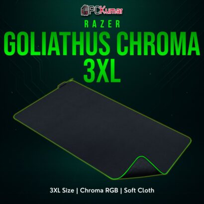 Razer Goliathus Chroma 3XL black cloth mat with a broad surface and glimmering color edges around the entire perimeter.