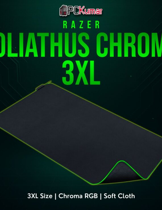 Razer Goliathus Chroma 3XL black cloth mat with a broad surface and glimmering color edges around the entire perimeter.