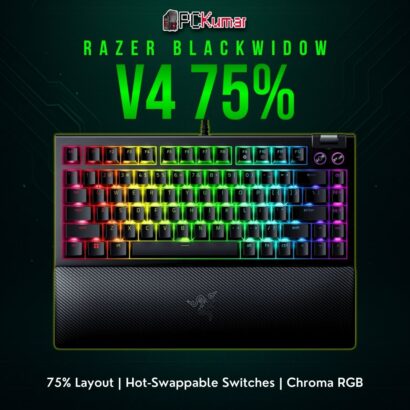 Razer BlackWidow V4 75% keyboard in black, featuring a compact arrangement and mechanical switch customization.