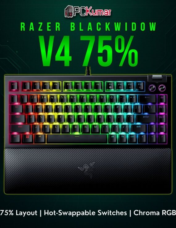 Razer BlackWidow V4 75% keyboard in black, featuring a compact arrangement and mechanical switch customization.