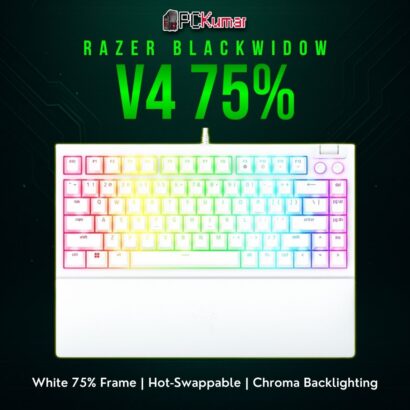 Razer BlackWidow V4 75% keyboard in a white shell, enabling mechanical switch swaps and vibrant RGB.