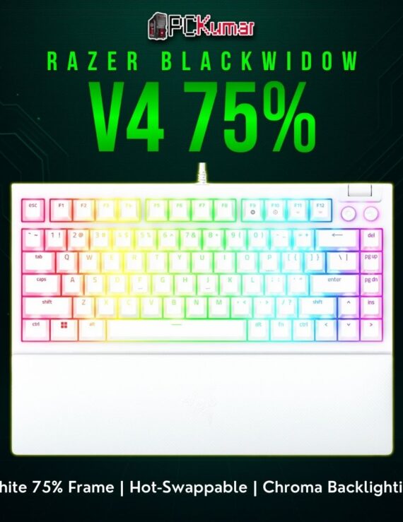 Razer BlackWidow V4 75% keyboard in a white shell, enabling mechanical switch swaps and vibrant RGB.