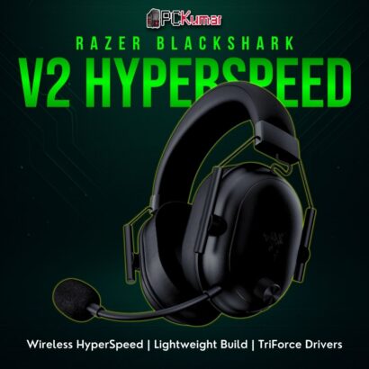 Razer BlackShark V2 HyperSpeed in black with a slim over-ear design, prized for its low-latency wireless performance.