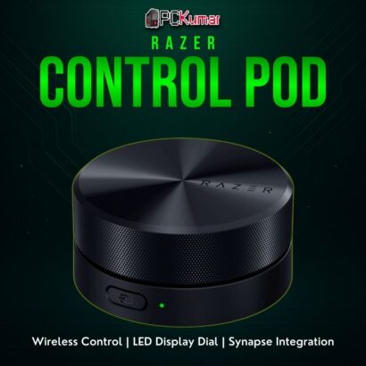 Razer Wireless Control Pod with a compact disc shape, rotating dial, and small LED readout for speaker or device adjustments.