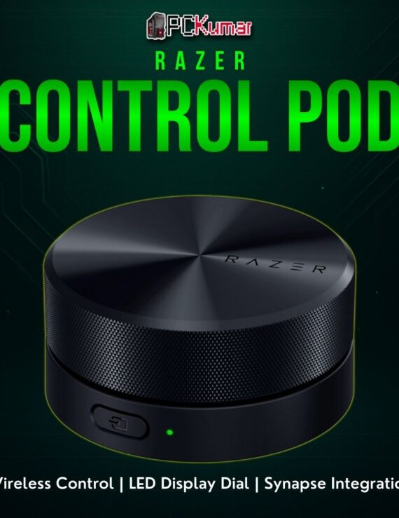 Razer Wireless Control Pod with a compact disc shape, rotating dial, and small LED readout for speaker or device adjustments.