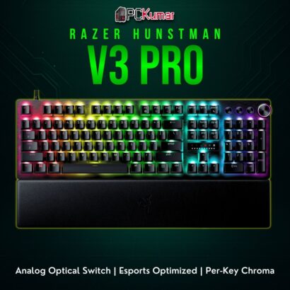 Razer Huntsman V3 Pro featuring advanced analog optical switches, black metal housing, and bright RGB for eSports performance.