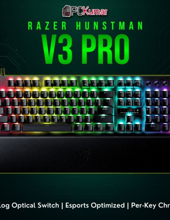 Razer Huntsman V3 Pro featuring advanced analog optical switches, black metal housing, and bright RGB for eSports performance.