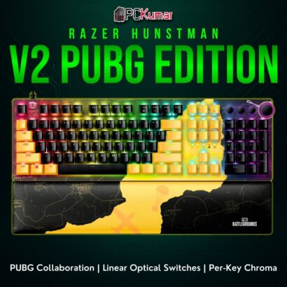 Razer Huntsman V2 PUBG Edition, showcasing a black full-sized layout with special branding and linear optical switches.