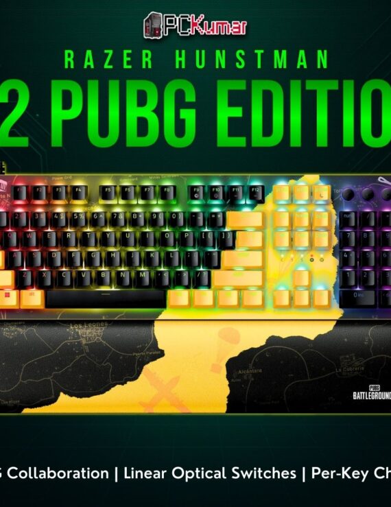 Razer Huntsman V2 PUBG Edition, showcasing a black full-sized layout with special branding and linear optical switches.
