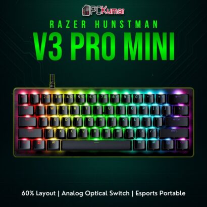Razer Huntsman V3 Pro Mini with a super-compact 60% form factor and analog optical technology for advanced in-game control.