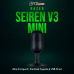 Razer Seiren V3 Mini black cylinder mic, perched on a small round stand for simple, minimal streaming solutions.