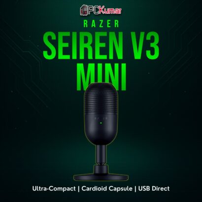 Razer Seiren V3 Mini black cylinder mic, perched on a small round stand for simple, minimal streaming solutions.