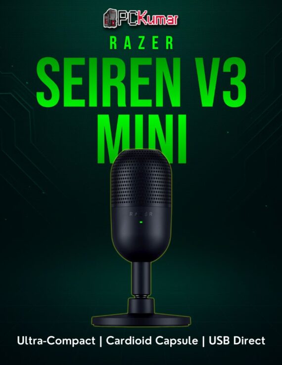 Razer Seiren V3 Mini black cylinder mic, perched on a small round stand for simple, minimal streaming solutions.
