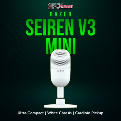 Razer Seiren V3 Mini in white, featuring a condensed cylinder design and a simple USB output for streaming or calls.