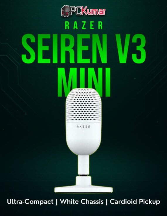 Razer Seiren V3 Mini in white, featuring a condensed cylinder design and a simple USB output for streaming or calls.