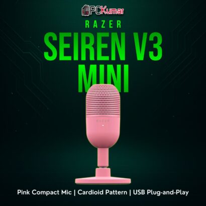 Razer Seiren V3 Mini Quartz featuring a pastel pink shell, small round desk stand, and front capsule orientation.