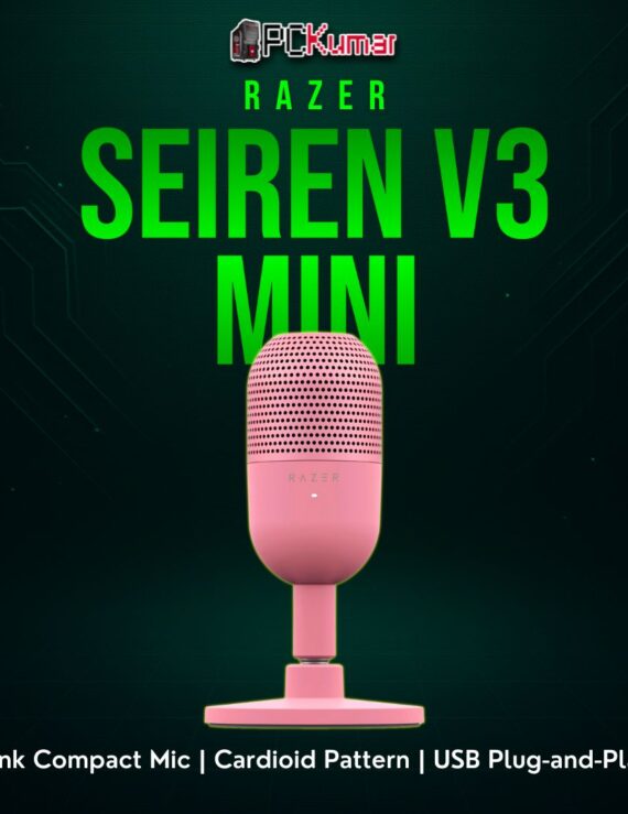Razer Seiren V3 Mini Quartz featuring a pastel pink shell, small round desk stand, and front capsule orientation.