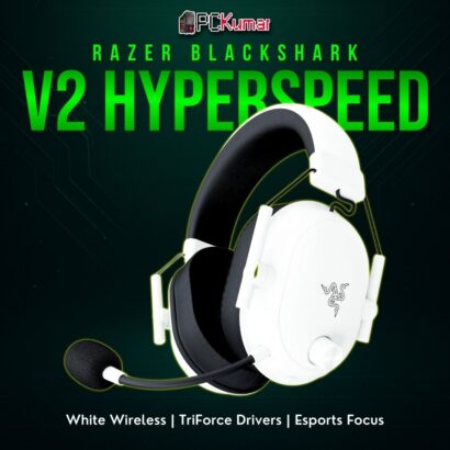 Razer BlackShark V2 HyperSpeed White featuring an over-ear design, low-latency wireless, and clean aesthetics.