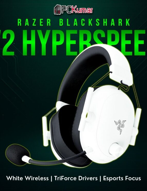 Razer BlackShark V2 HyperSpeed White featuring an over-ear design, low-latency wireless, and clean aesthetics.