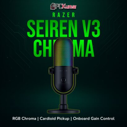 Razer Seiren V3 Chroma black microphone with an illuminated ring, connecting via USB for direct streaming or voice calls.