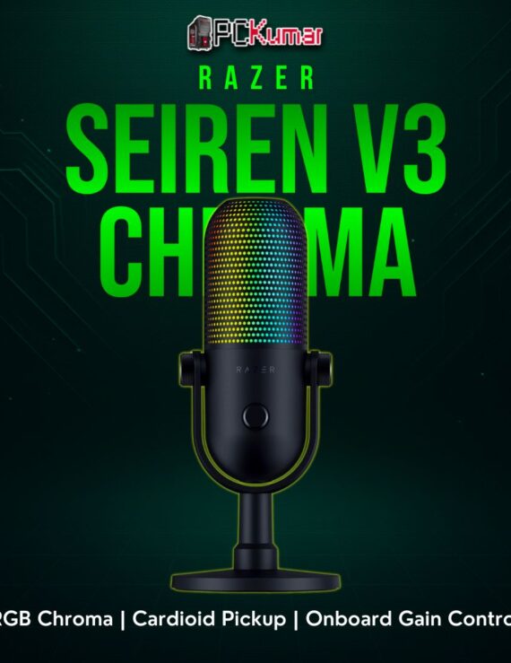 Razer Seiren V3 Chroma black microphone with an illuminated ring, connecting via USB for direct streaming or voice calls.