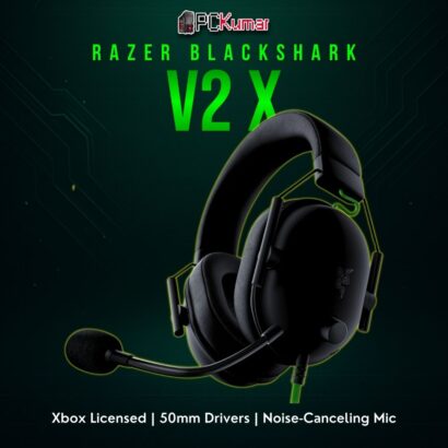 Razer BlackShark V2 X for Xbox featuring green highlights, a flexible mic, and a comfortable over-ear design.