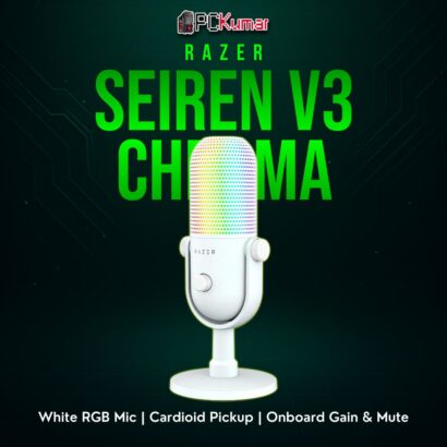 Razer Seiren V3 Chroma white mic featuring a luminous ring and minimal stand, delivering crisp front-facing audio.