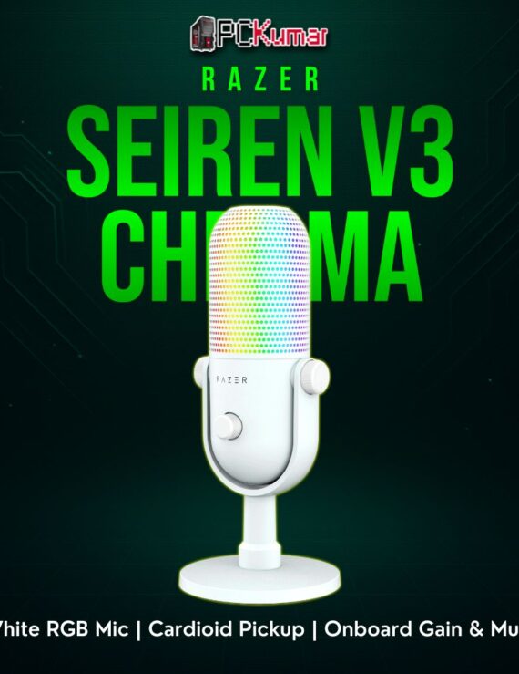 Razer Seiren V3 Chroma white mic featuring a luminous ring and minimal stand, delivering crisp front-facing audio.