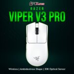 White Razer Viper V3 Pro gaming mouse featuring a symmetrical shape and advanced sensor for eSports.
