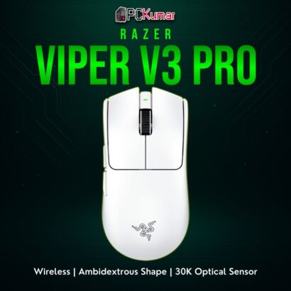 White Razer Viper V3 Pro gaming mouse featuring a symmetrical shape and advanced sensor for eSports.