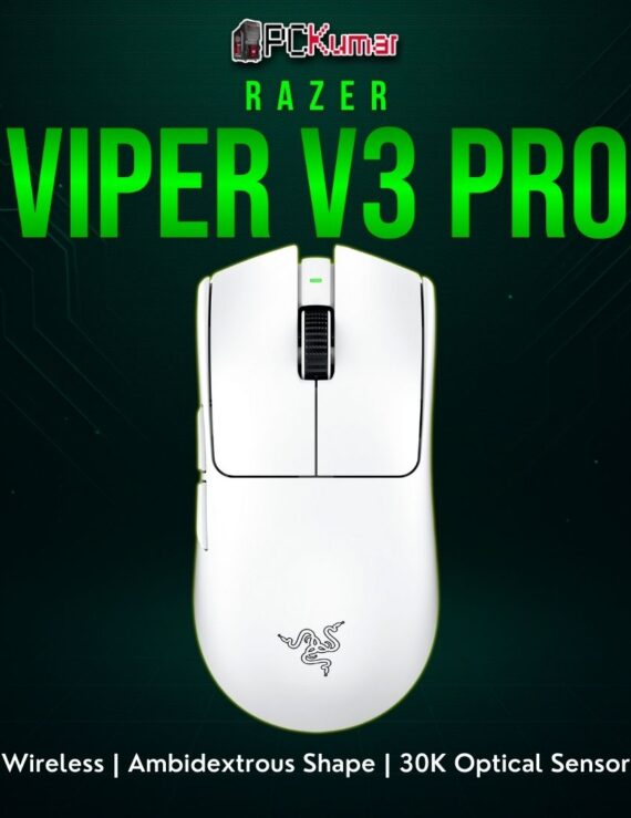 White Razer Viper V3 Pro gaming mouse featuring a symmetrical shape and advanced sensor for eSports.