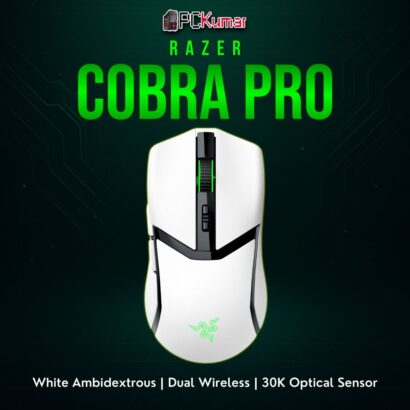 White Razer Cobra Pro featuring symmetrical curves, Chroma lighting, and a wireless design suited for competitive gaming.
