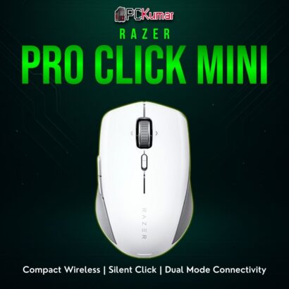 Razer Pro Click Mini in a sleek white-silver theme, built for quiet operation and portable everyday productivity.