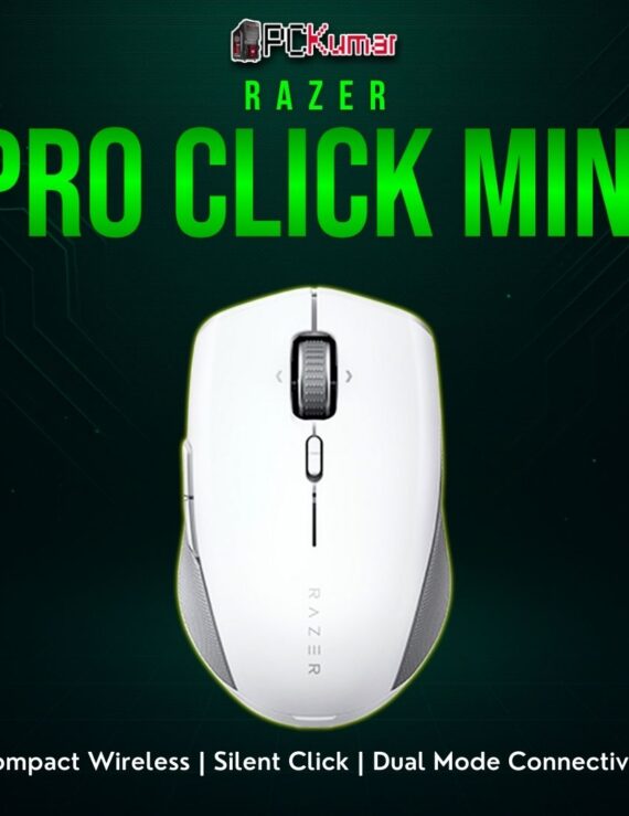 Razer Pro Click Mini in a sleek white-silver theme, built for quiet operation and portable everyday productivity.