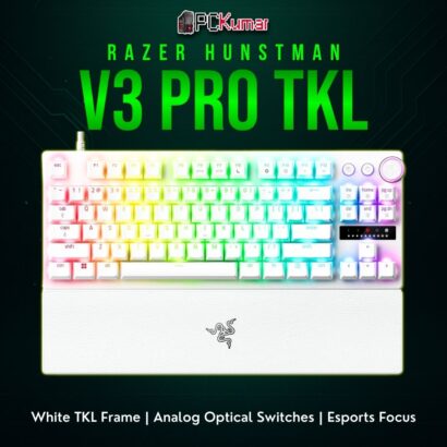 Razer Huntsman V3 Pro TKL White Edition, combining a minimal tenkeyless layout, analog switches, and bright white housing.